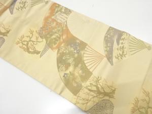 扇に御所車・草花模様織り出し　名古屋帯